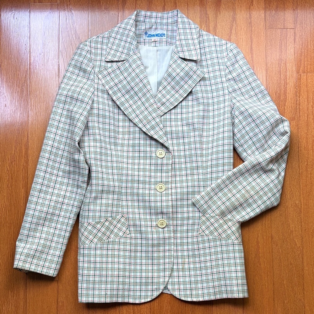 Vintage 60’s John Meyer Cream Plaid Blazer with Subtle Green Check